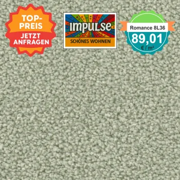 Teppichmuster mit Label „Impulse WOLFSBURG“ und Badge „Romance 8L36 – 89,91 €/m²“